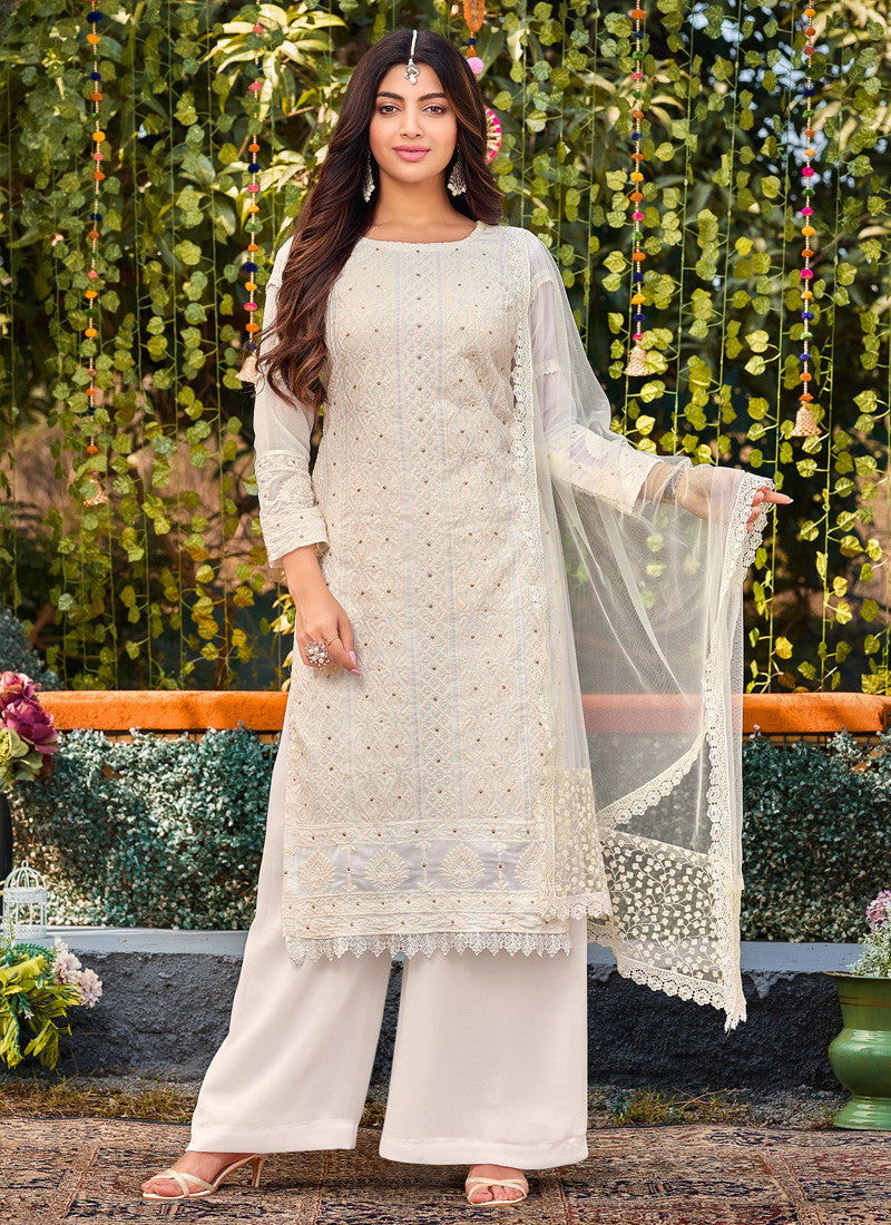White Georgette Palazzo Suit With Embroidered & Stone Work