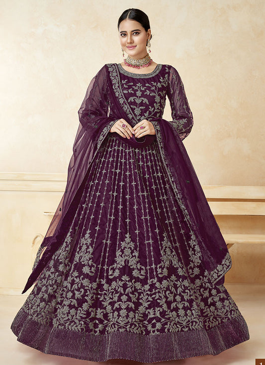 Wine Embordered Anarkali Suit With Bell Sleeves