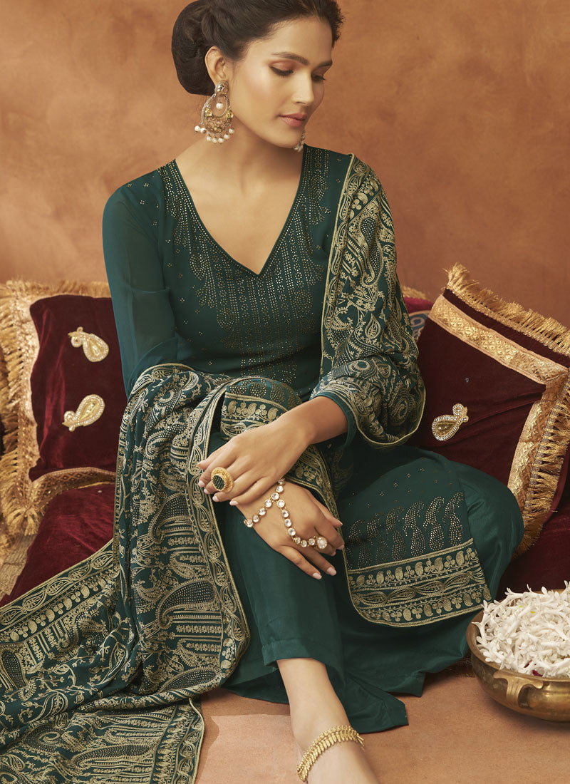 Green Georgette Wide Palazzo Suit