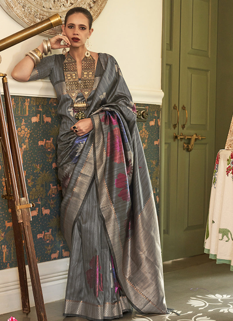 Gray Bollywood Style Silk Saree