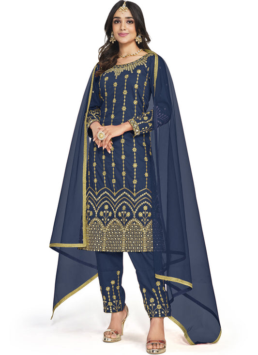 Navy Blue Soft Silk Pant Style Salwar Suit With Mirror Work