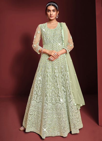 Pista Green Embroidered Anarkali Suit
