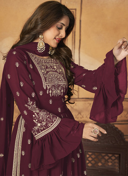 Wine Georgette Sharara Suit With Frill Sleeves
