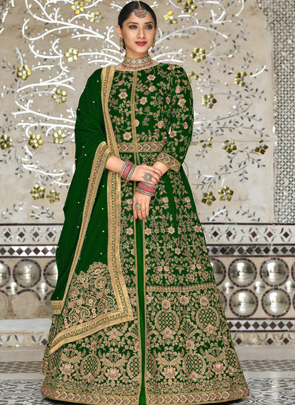 Green Velvet Abaya Style Center Silt Anarkali Suit with Heavy Embroidery Work