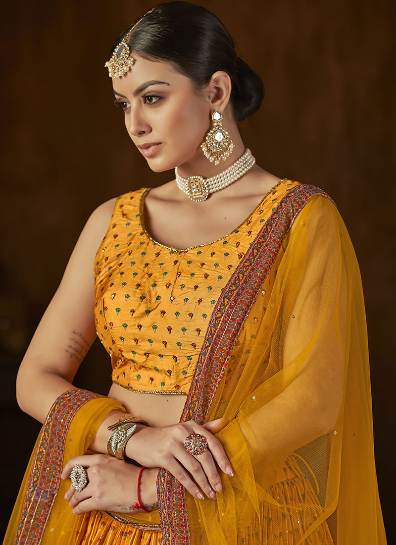 Yellow Georgette Ghagra Choli With Sequins Work