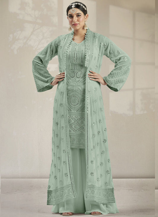 Pista Green Georgette Jacket Style Palazzo Suit With Real Mirror Work Embroidery