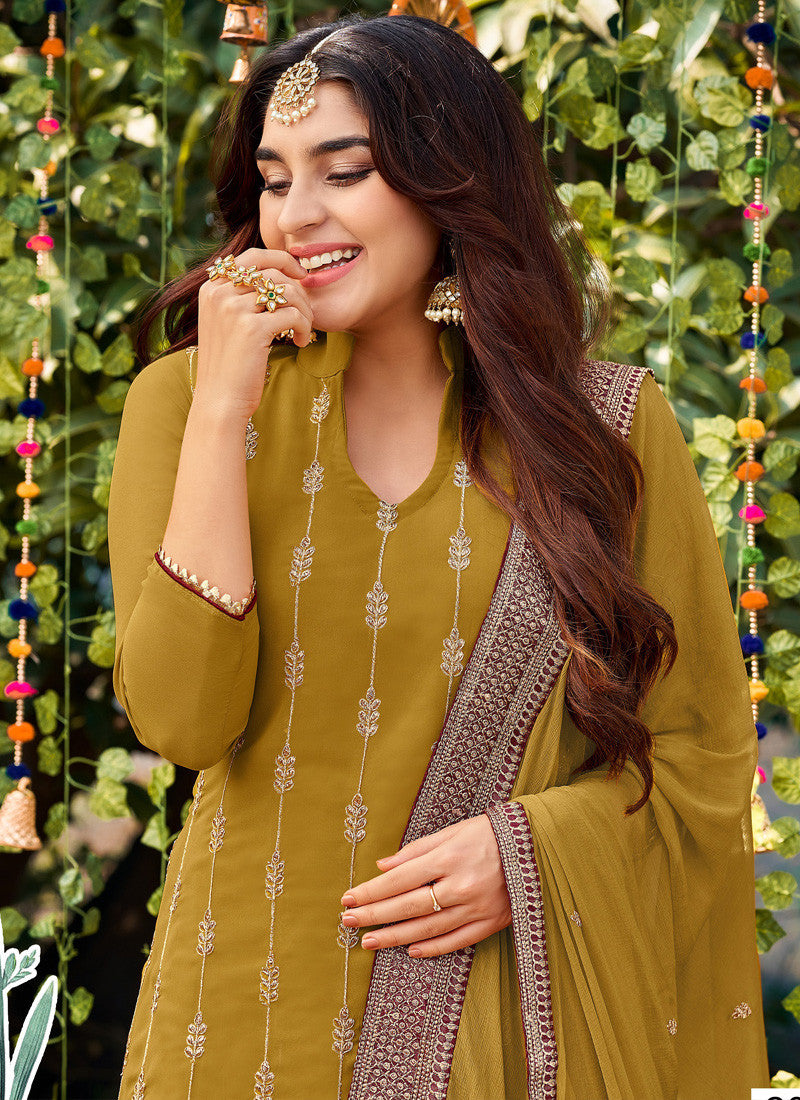 Mustard Georgette Palazzo Suit With Embroiderey