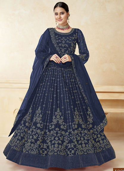Blue Embordered Anarkali Suit With Bell Sleeves
