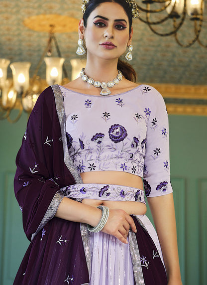 Lavender Georgette Lehenga Choli With Embroidered, Thread and Sequins Work