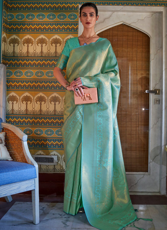 Aqua Green Handloom Weaving Silk Saree