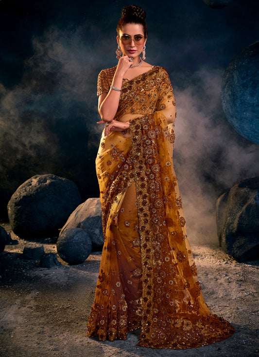 Mustard Net Saree With Heavy Embroidery with Sequins, Thread & Zari Work