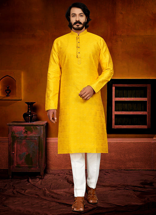 Yellow Jacquard Men's Kurta Pajama