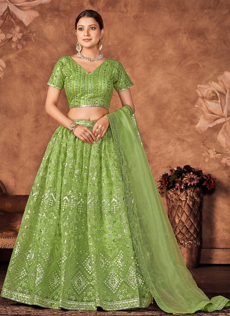 Pista Green Organza Lehenga Choli with Sequins Embroidered Work