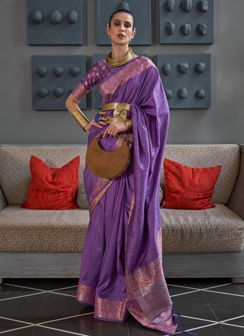 Purple Tussar Silk Handloom Saree