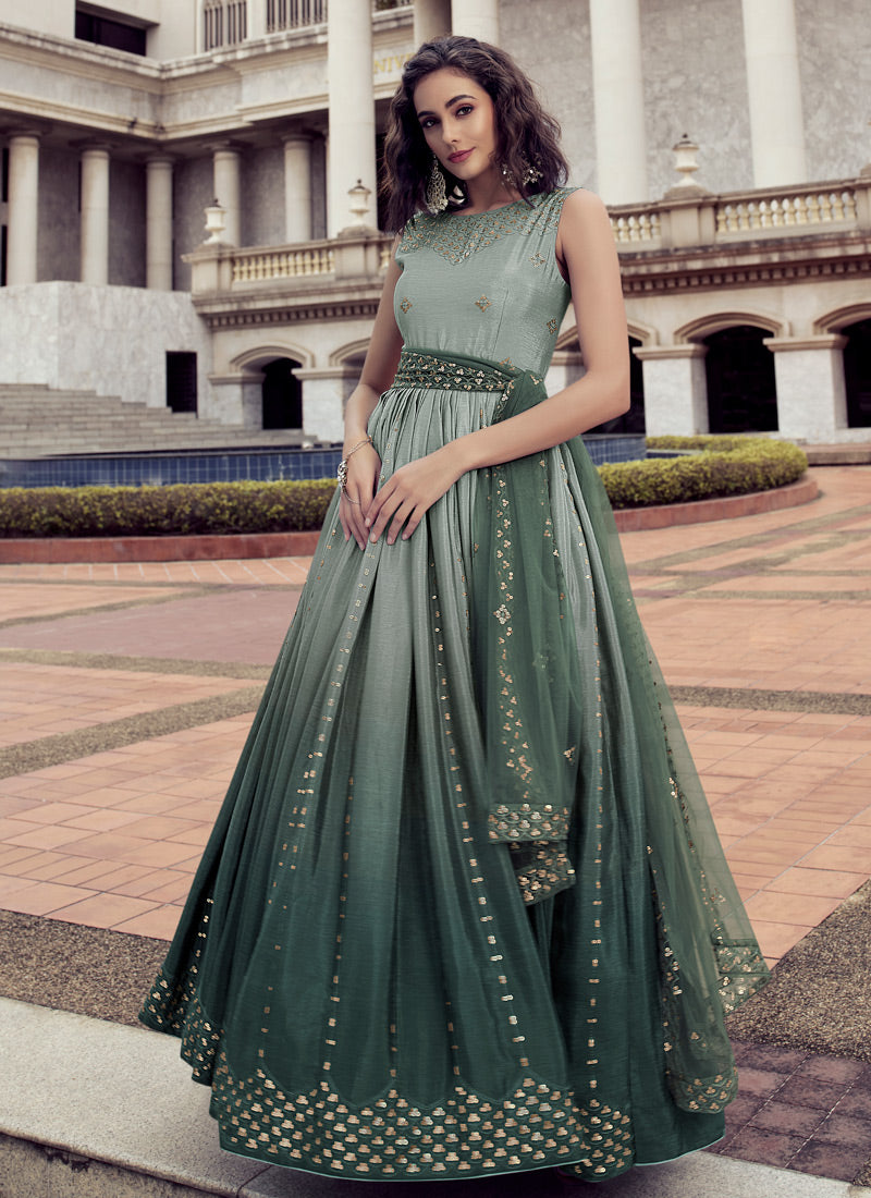 Light Green Chinon Anarkali Gown with Embroidered and Thread Work