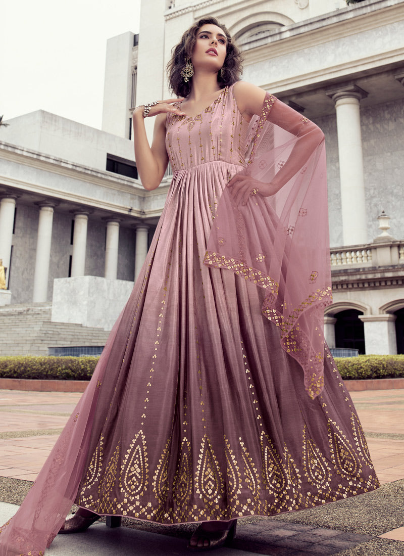 Pink Chinon Anarkali Gown with Embroidered and Thread Work