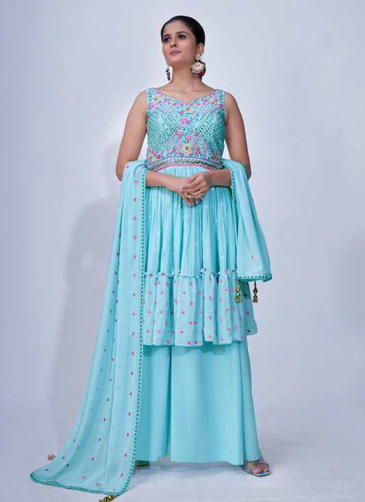 Sky Blue Palazzo Suit with Embroidered Peplum Top