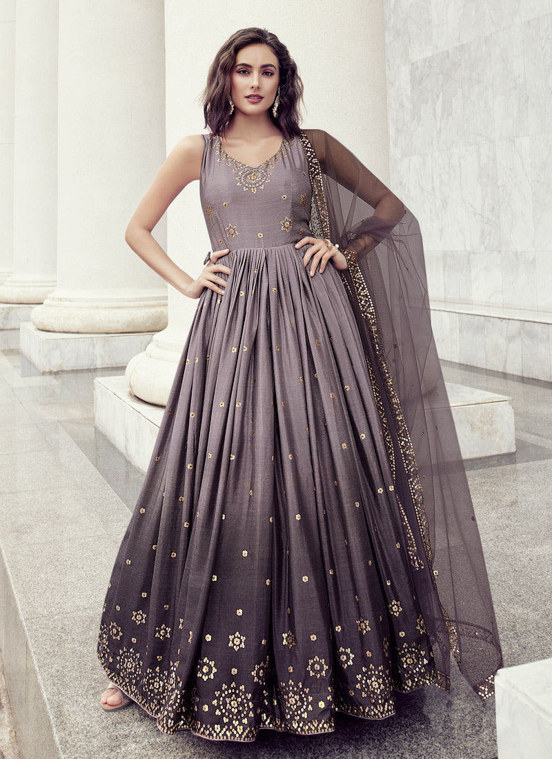 Gray Chinon Anarkali Gown with Embroidered and Thread Work
