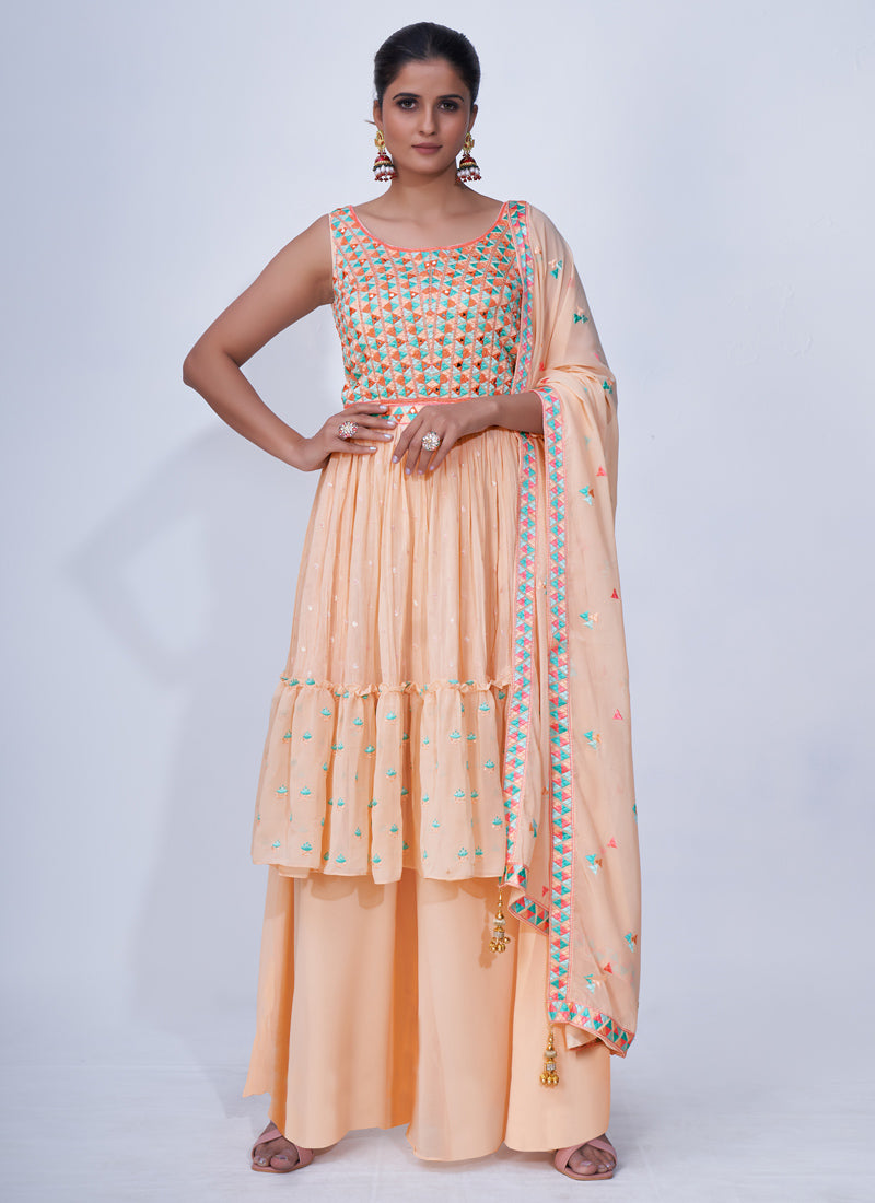 Peach Palazzo Suit with Embroidered Peplum Top