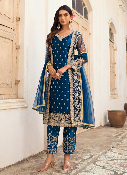 Blue Pakistani Jacket Style Palazzo Suit