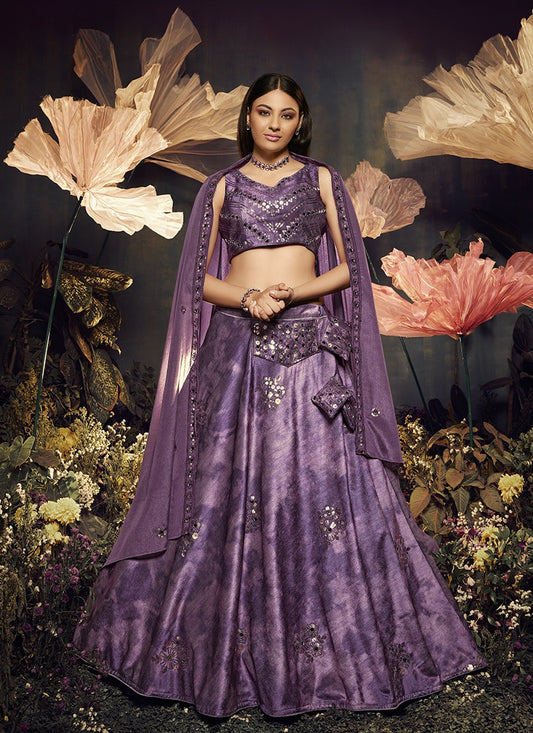 Purple Velvet Lehenga Choli with Mirror & Sequins Work