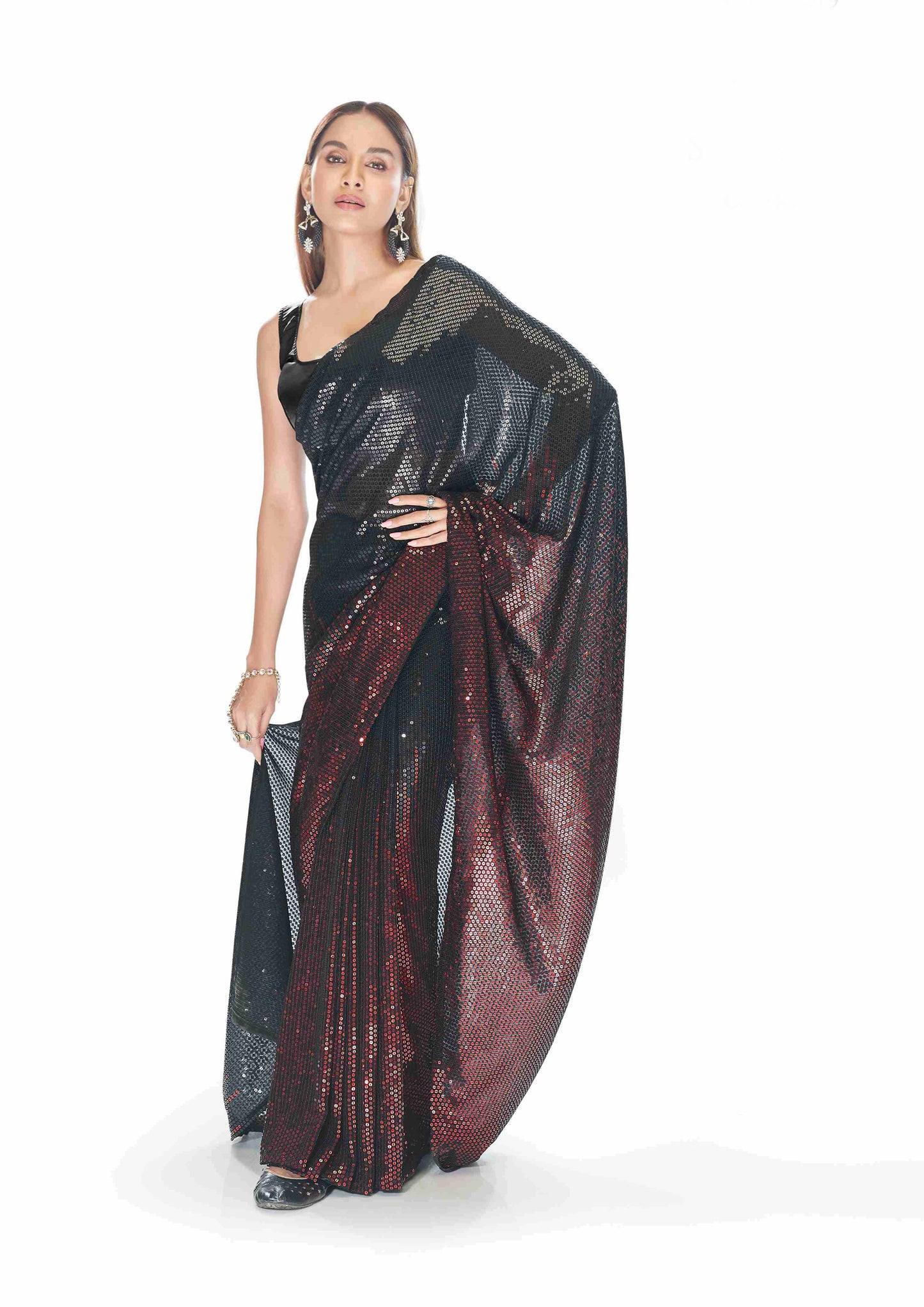 Black & Red Georgette Sequins Party Wear Saree