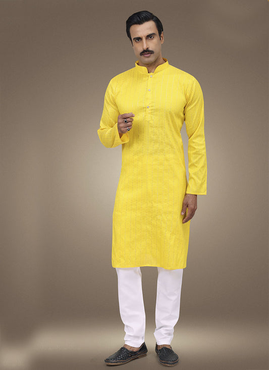 Yellow Collar Style Kurta Pajama with Bottom