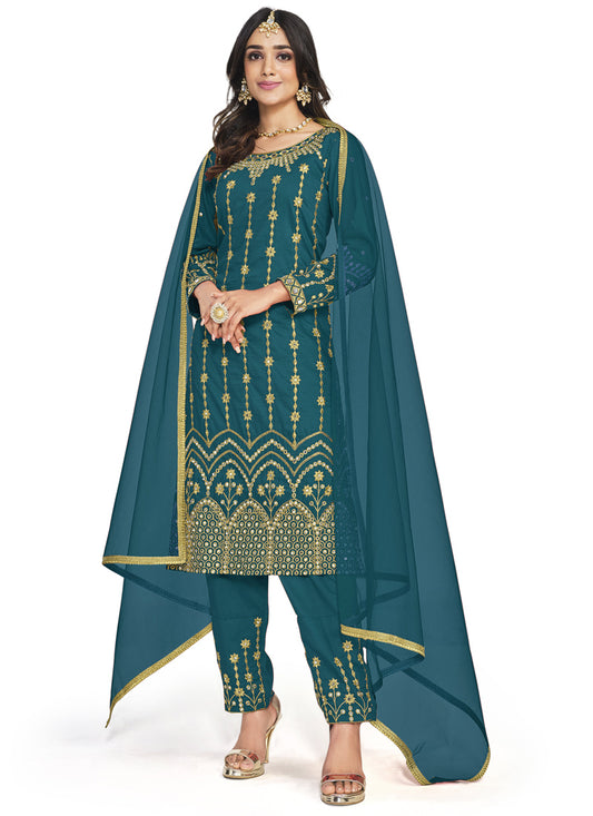 Teal Soft Silk Pant Style Salwar Suit With Mirror Work