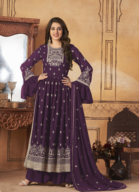 Purple Georgette Sharara Suit With Frill Sleeves