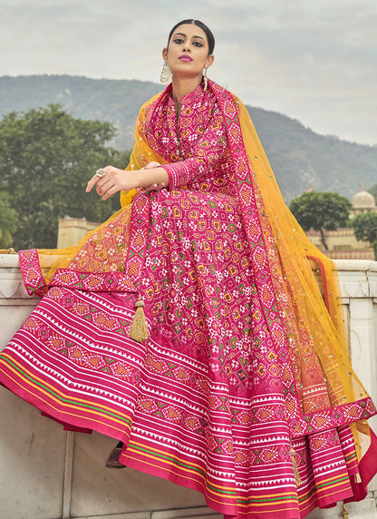 Pink Silk Patola Printed Anarkali Gown