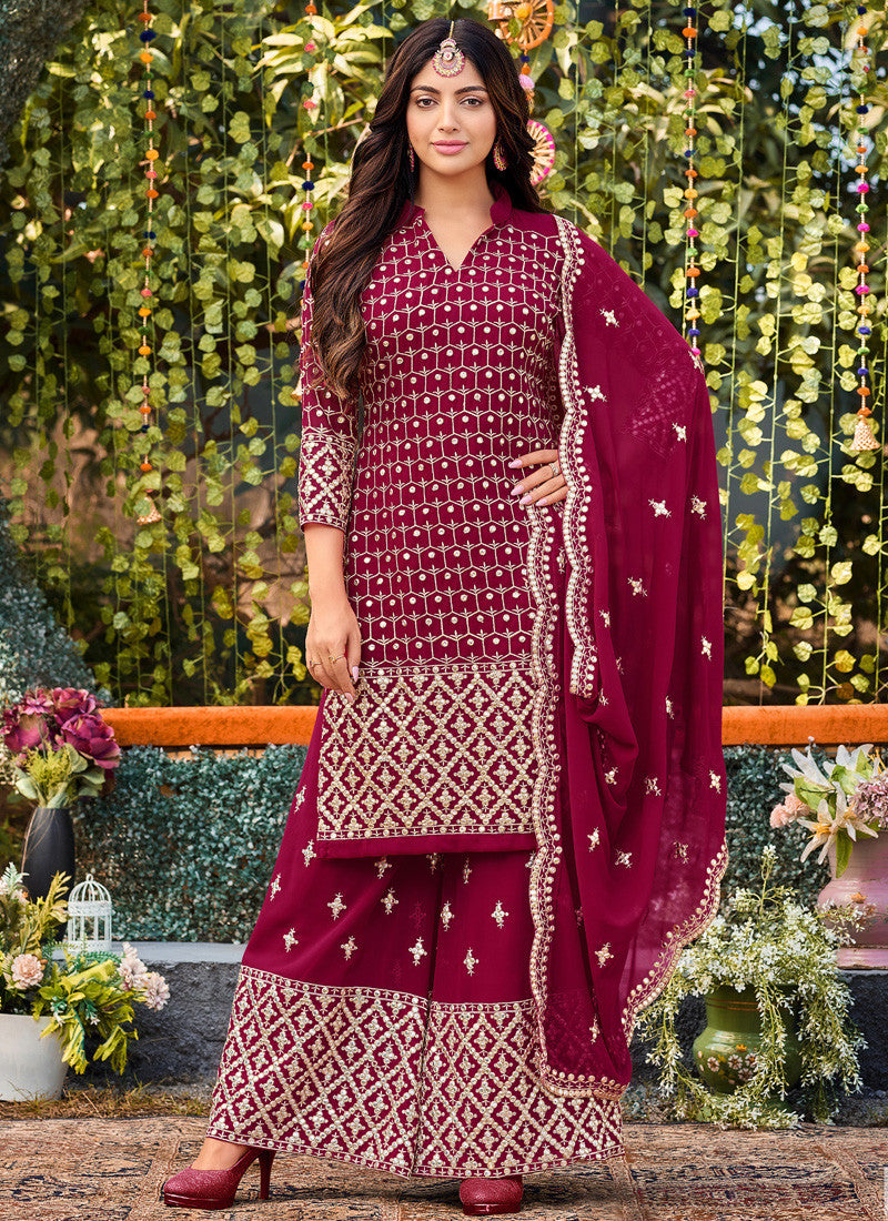 Magenta Georgette Palazzo Suit With Embroiderey