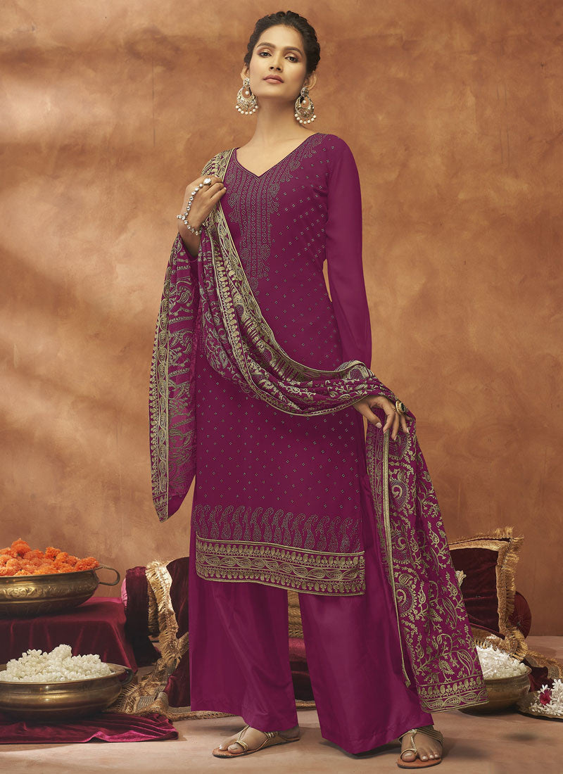 Magenta Georgette Wide Palazzo Suit