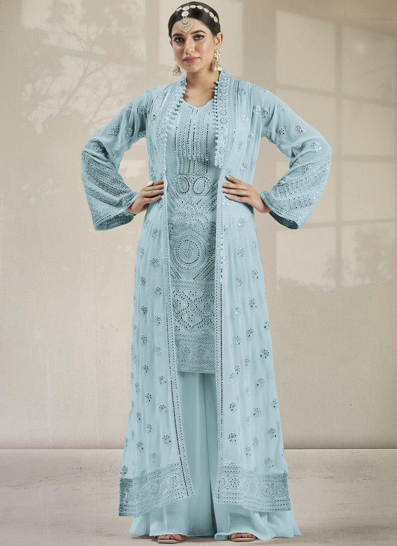 Sky Blue Georgette Jacket Style Palazzo Suit With Real Mirror Work Embroidery