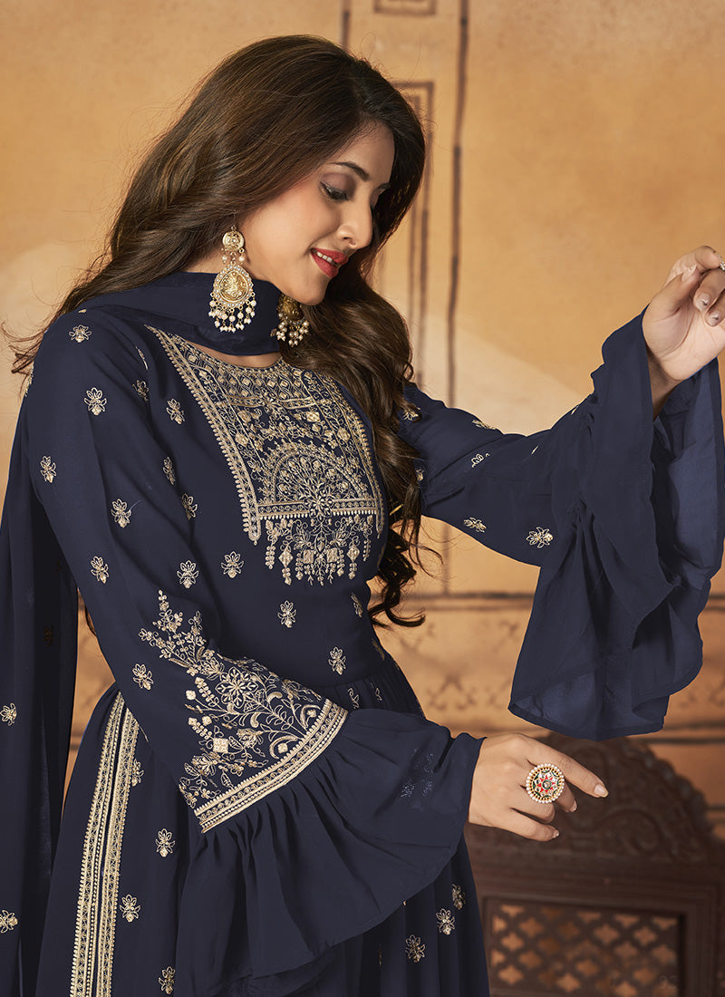 Blue Georgette Sharara Suit With Frill Sleeves