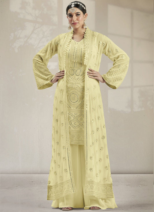 Yellow Georgette Jacket Style Palazzo Suit With Real Mirror Work Embroidery