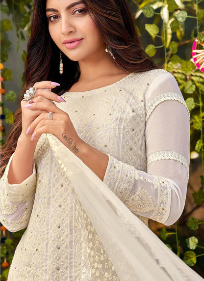 White Georgette Palazzo Suit With Embroidered & Stone Work
