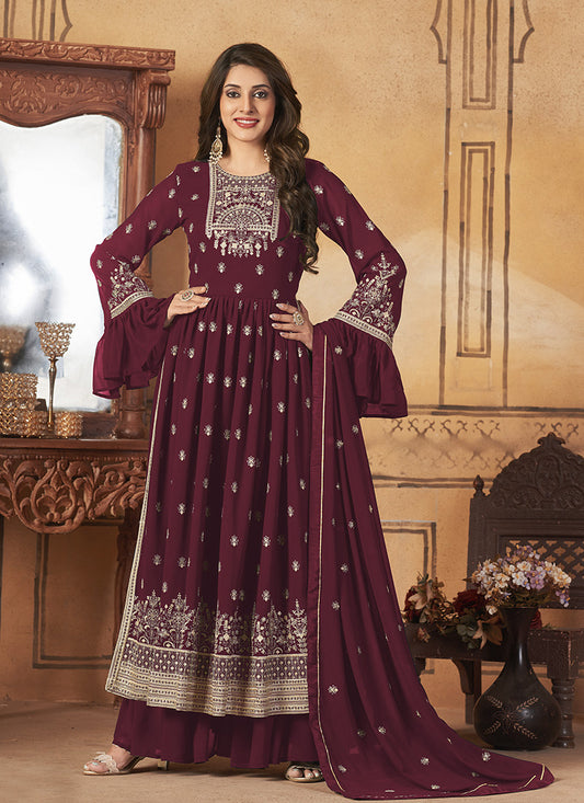 Wine Georgette Sharara Suit With Frill Sleeves