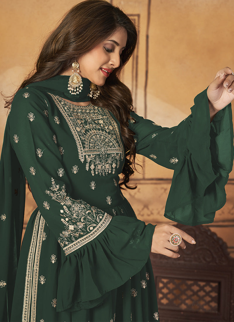Green Georgette Sharara Suit With Frill Sleeves
