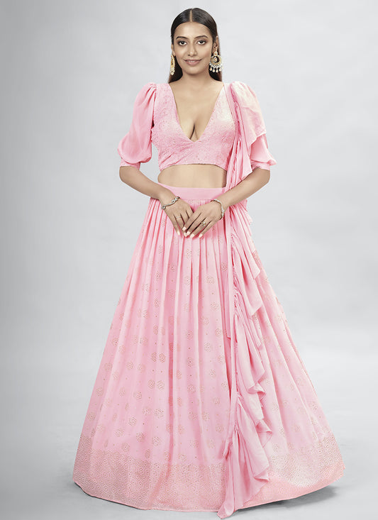 Pink Designer Puffed Sleeves Lehenga Choli