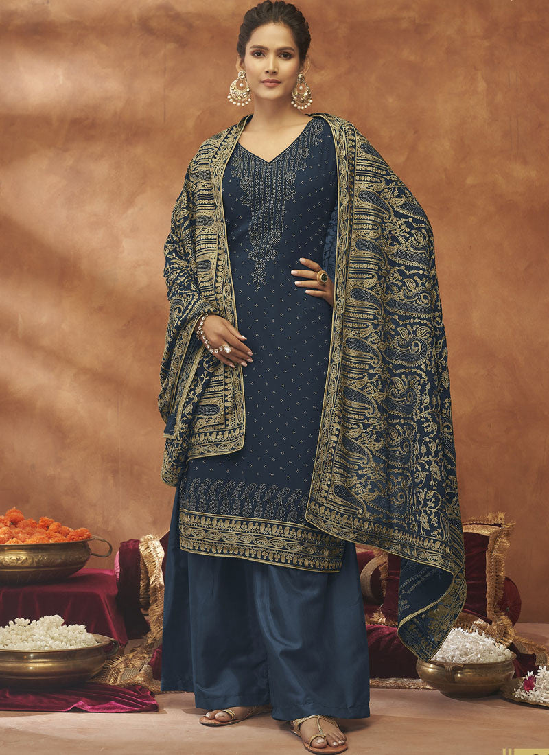 Navy Blue Georgette Wide Palazzo Suit