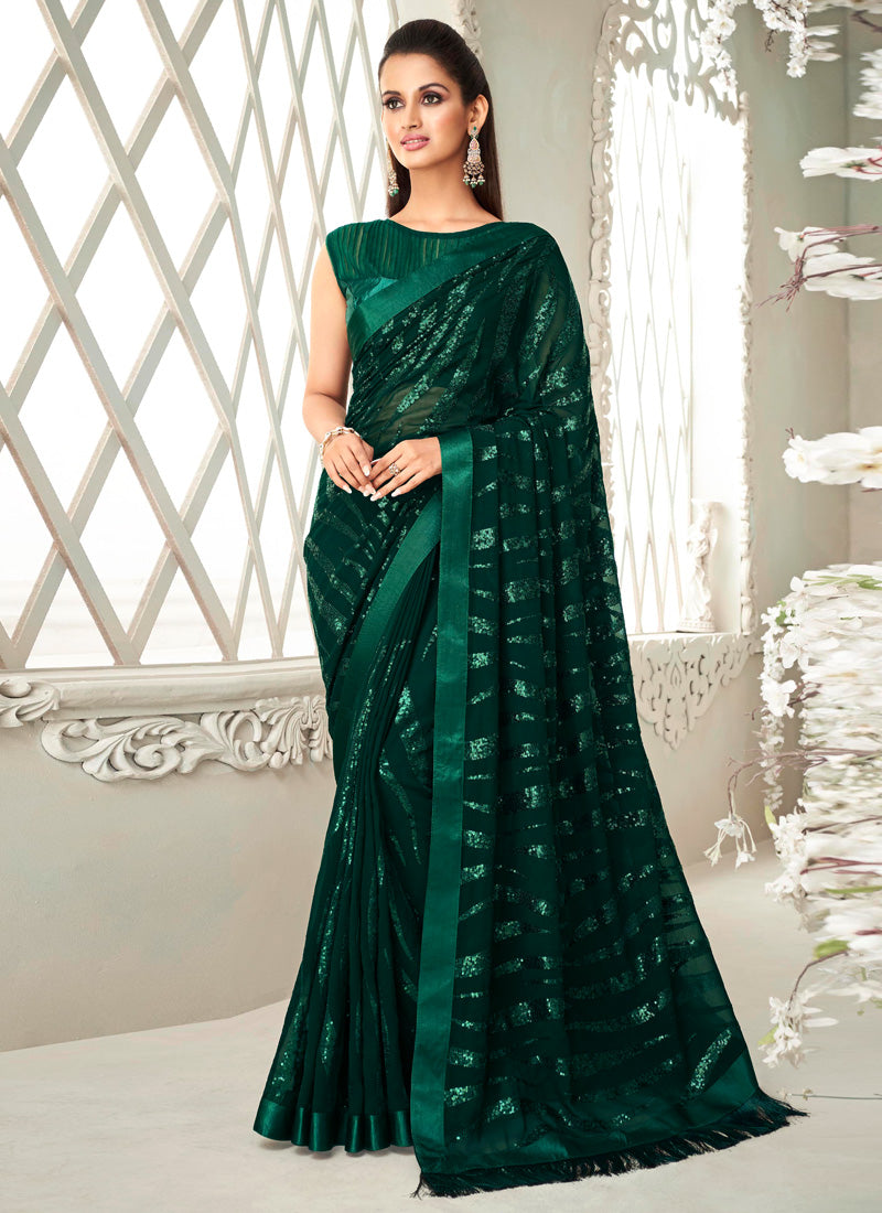 Aqua Green Georgette Party Wear Saree With Sequins Work