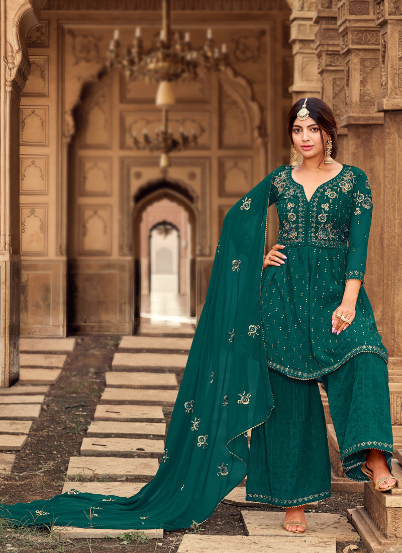Aqua Green Sharara Suit With Embroidery Work