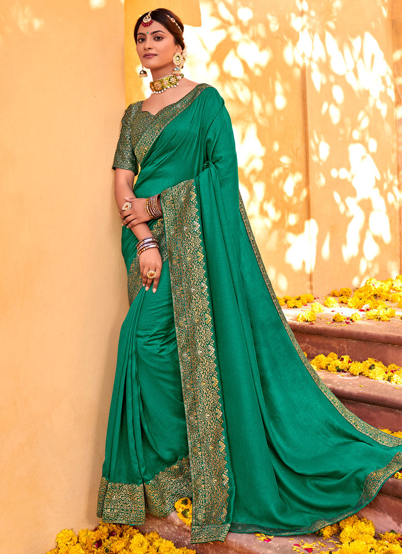 Aqua Green Silk Saree With Jacquard Lace Work