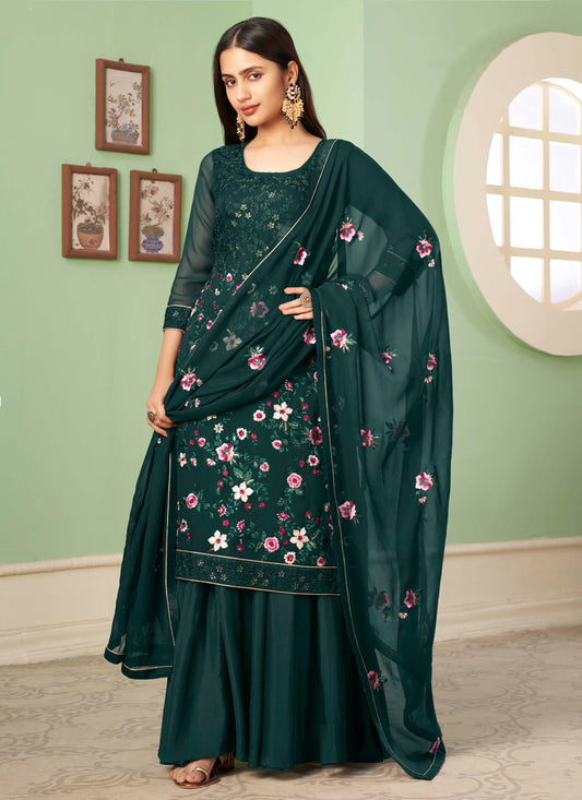 Aqua Green Georgette Salwar Kameez With Embroidery & Sequins