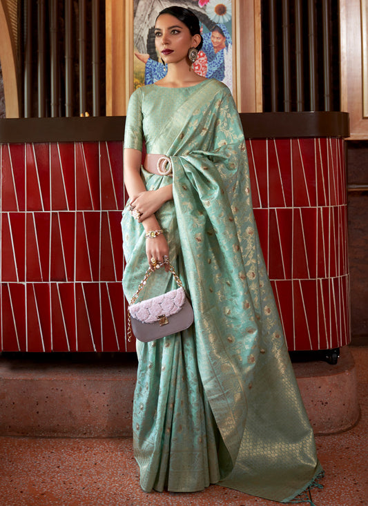 Aqua Tussar Silk Handwoven Saree