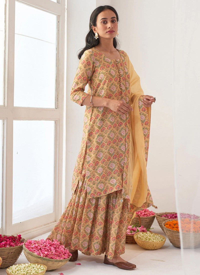 Beige Muslin Palazzo Suit With Print Work