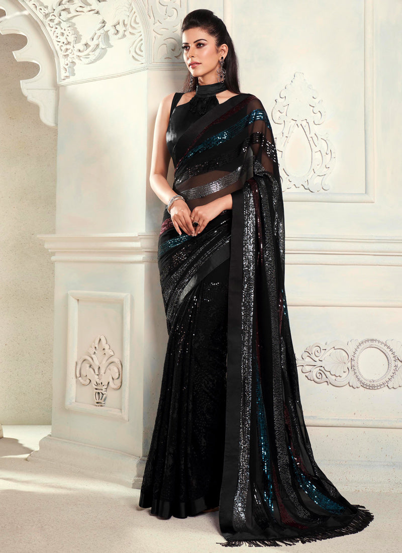Black Georgette Party Wear Saree With Sequins Work