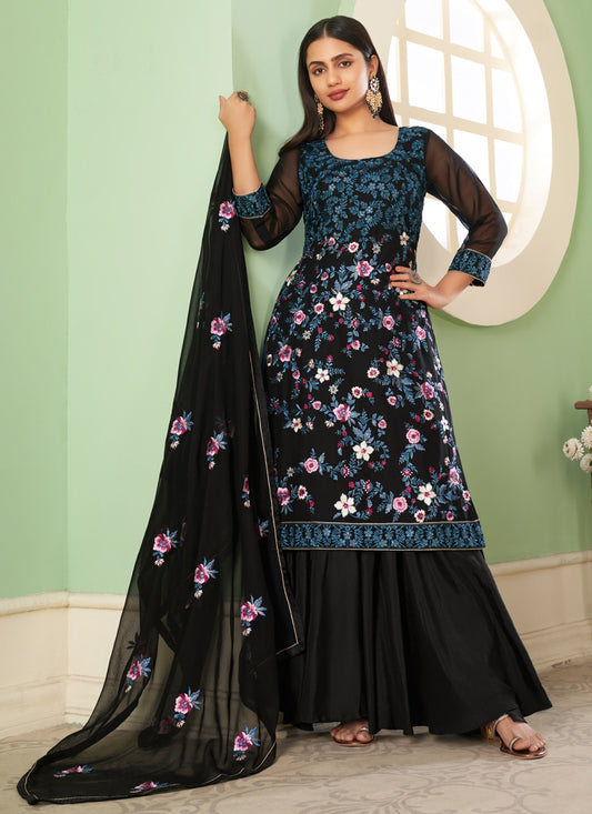 Black Georgette Salwar Kameez With Embroidery & Sequins