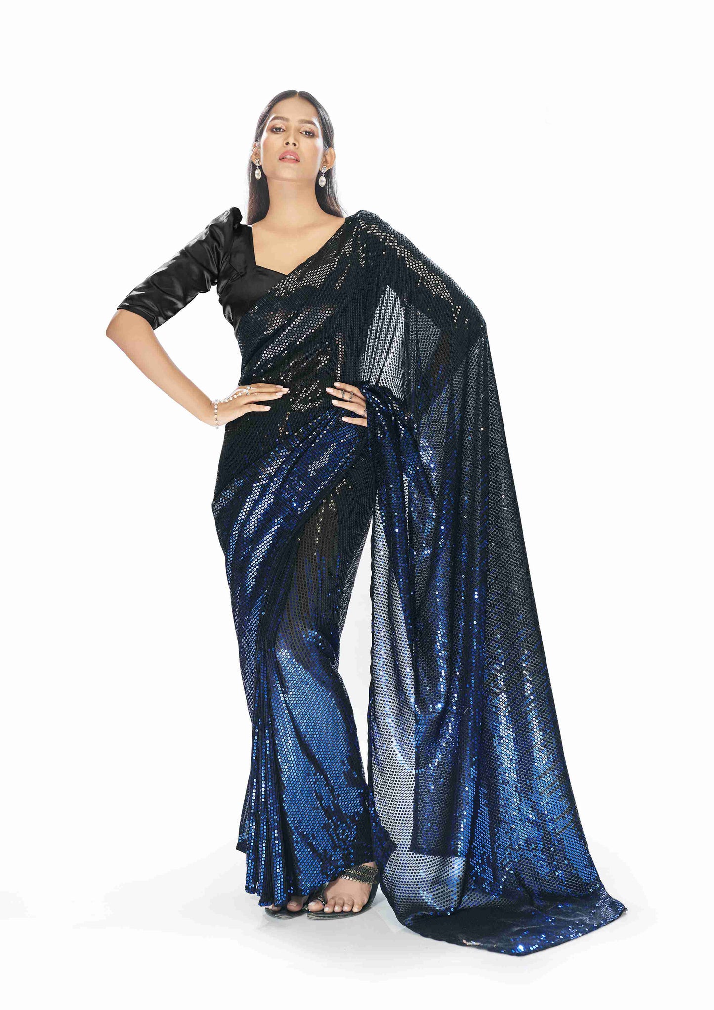 Black & Blue Georgette Sequins Party Wear Saree