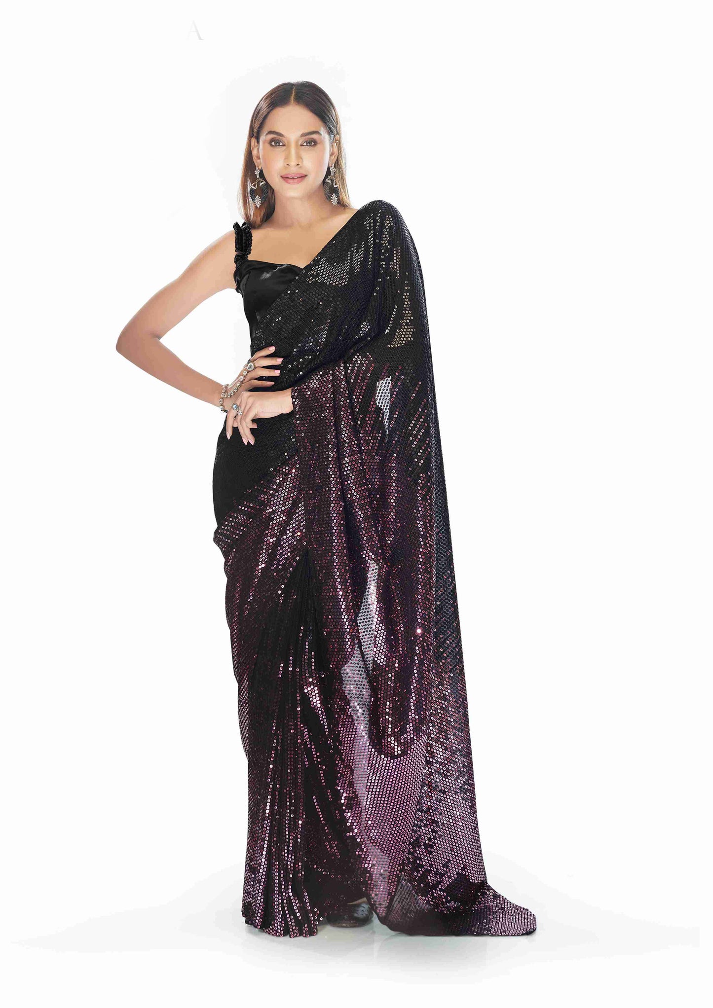 Black & Purple Georgette Sequins Party Wear Saree